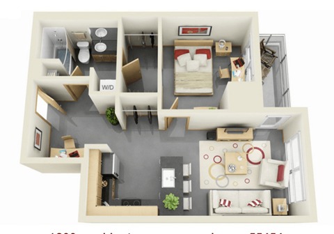 Floor plan for 1 bed, 1 bath, 645 sqft